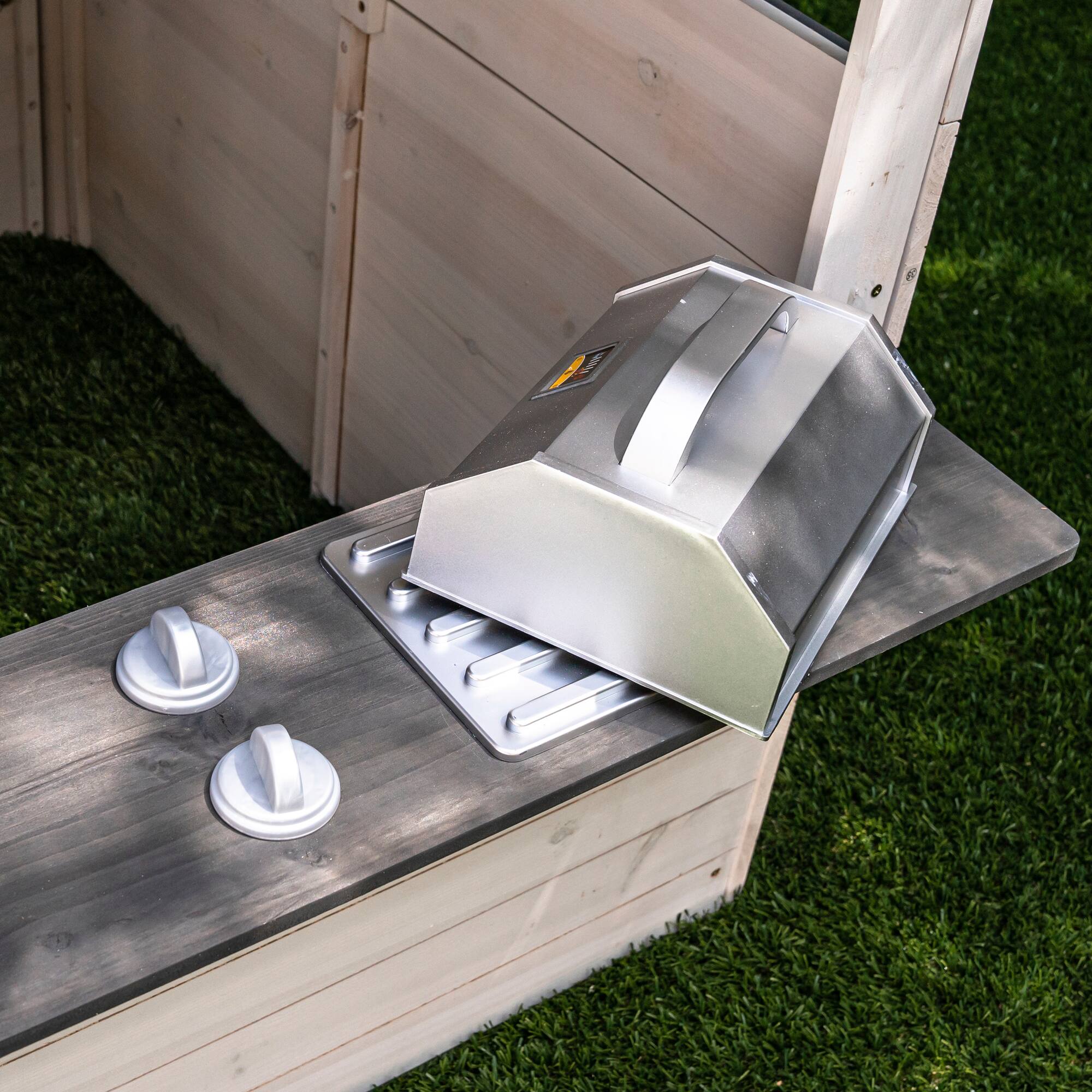 KidKraft White & Raven Modern Outdoor Wooden Playhouse with Picnic Table, Mailbox & Outdoor Grill